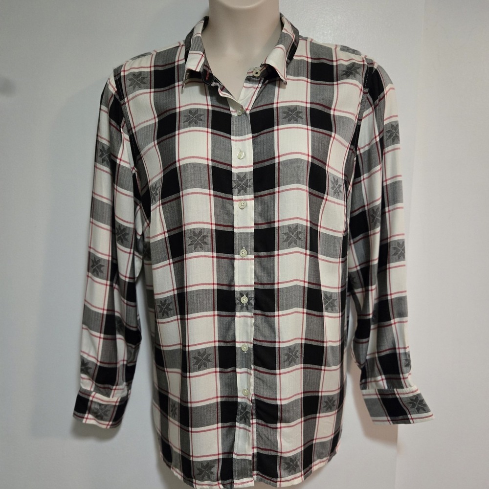 NWT Talbots 2X Black White Red Multicolored Plaid Long Sleeve Blouse $94